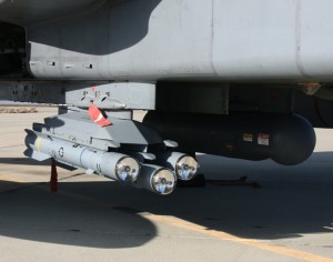 Dual Mode Seeker Brimstone (DMSB) missiles fitted with a Litening targeting pod to a Royal Air Force Tornado GR4 aircraft. Photo: MBDA
