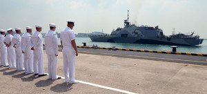 USS Freedom (LCS 1), which deployed from San Diego in March with an MH-60 Romeo maritime helicopter, arrived in Changi, Singapore, April 18 as part of its deployment to Southeast Asia. Photo courtesy U.S. Navy.
