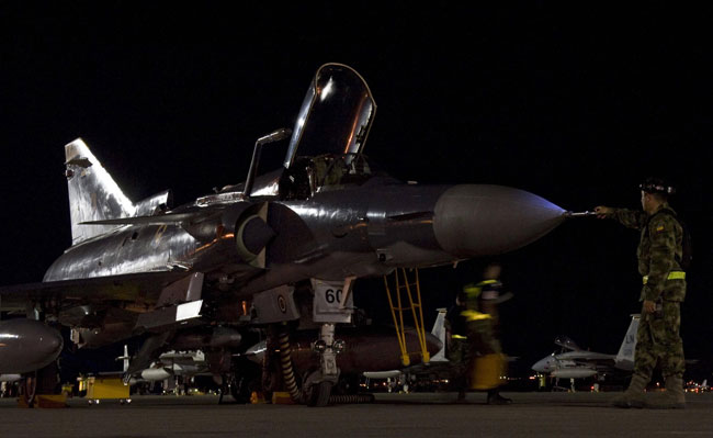 Colombian Air Force Kfir C10 prepared for flight at Nellis AFB, during the July 2012 Red Flag exercise.