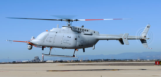 An MQ-8C Fire Scout unmanned aerial vehicle takes off from Naval Base Ventura County at Point Mugu, October 31, 2014.  Initial operating capability for the MQ-8C is planned for 2016, with the potential for an early deployment in 2014. Photo: Northrop Grumman