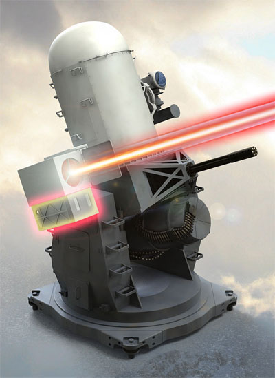 Raytheon's laser architecture is implemented in a number of directed-energy weapon applications, including the Laser-Phalanx derivative of the classic naval Close-In Weapon System. Illustration: Raytheon. 