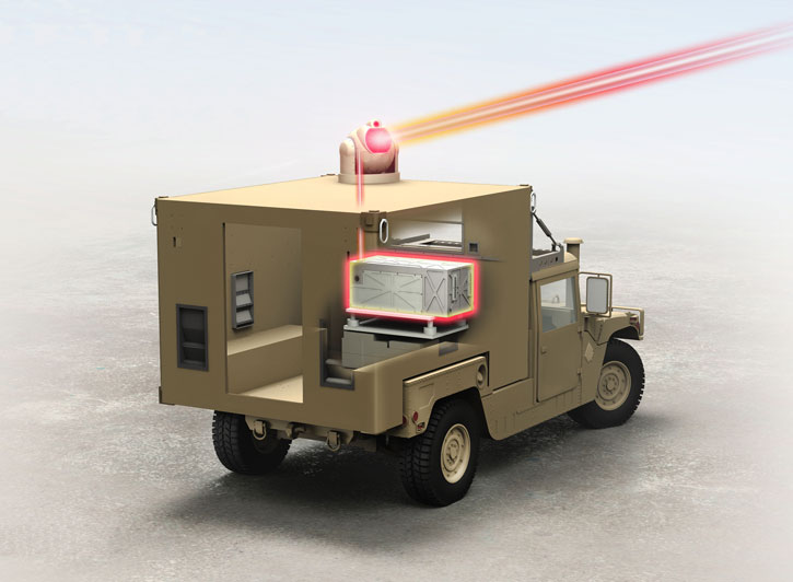 The Ground Based Air Defense (GBAD) Directed Energy On-the-Move Future Naval Capabilities program calls for a field demonstration of a Humvee-mounted short-range laser weapon system with a minimum power output of 25kW. The Raytheon-built laser will be packaged to meet the U.S. Marine Corps' demanding size, weight and power requirements. Illustration: Raytheon
