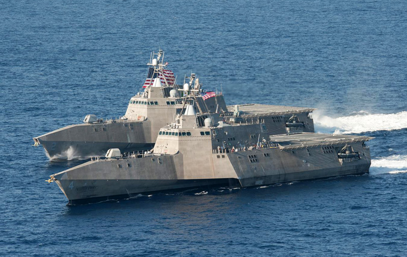 USS Coronado (LCS 4 in front) and USS Ft Worth (LCS , back) sail in formation.  In August 2014 USS Coronado participated in the  
