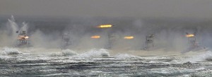 An Iranian Navy drill practicing swarm attack by small and fast boats, equipped with short range rockets. 