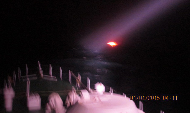 An Indian Coast Guard patrol boat illuminates the burning Pakistani fishing boat. The crew of the suspected boat burned and exploded their boat after an hour long pursuit by the Indian vessel. The Coast Guards was on high alert following intelligence warning about a possible attack in the area.