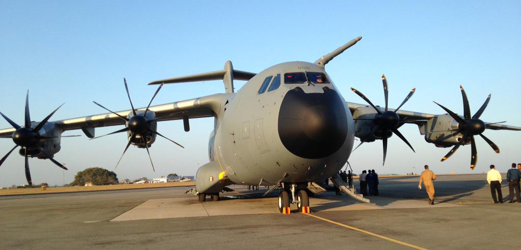 Airbus is showing its A400M medium transport aircraft, along with a range of civilian aircraft here at Aero India. The A400M is slightly larger, compared to the C-130J currently operational with the Indian Air Force. 