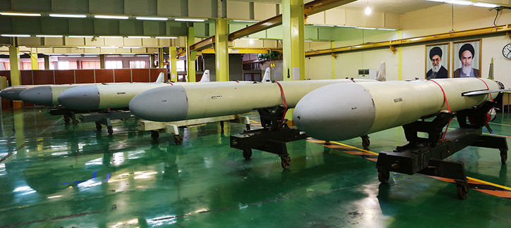 A line of completed Soumar cruise missiles displayed to Defense Minister Brig. General  yesterday at the 
