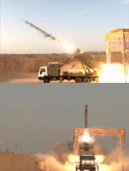 Iran's new Soumar land-attack cruise missile launched from a truck mounted container on a test launch.   