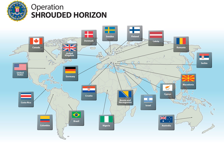 Yesterday, the U.S. Department of Justice and the FBI — with the assistance of our partners in 19 countries around the world — announced the results of Operation Shrouded Horizon, a multi-agency investigation into the Darkode forum. Among those results were charges, arrests, and searches involving 70 Darkode members and associates around the world; U.S. indictments against 12 individuals associated with the forum, including its administrator; the serving of several search warrants in the U.S.; and the Bureau’s seizure of Darkode’s domain and servers.