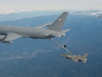 The KC-46A Pegasus performs its first-ever aerial refueling passing 1,600 pounds of fuel to an F-16 fighter Jan. 24. Photo: USAF by Paul Weatherman