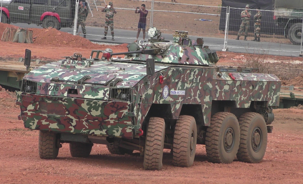 WhAP, an 8x8 armored infantry carrier developed by Tata (based on Tata’s Kestrel design) was displayed at Defexpo 2016 by the DRDO. Note the two steerable axles at the front, improving the vehicle’s maneuverability in urban and rough terrain. Photo: Noam Eshel, Defense-Update