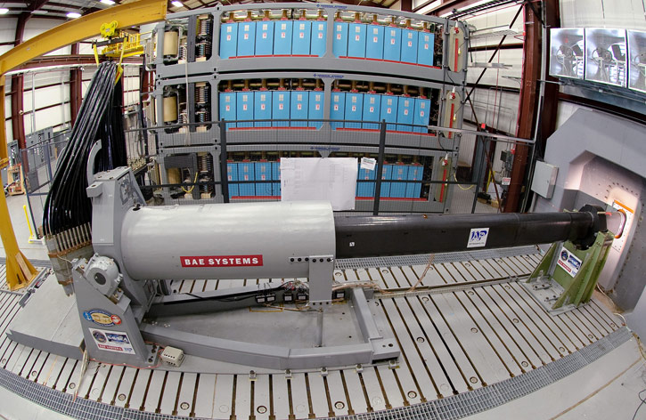 In 2010 the railgun developed by BAE Systems was tested to deliver a 33-Megajoule shot, the energy equivalent of firing a projectile at a 110 nmi range. Photo: US Navy.