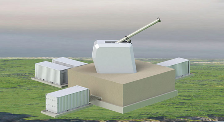 The footprint of a land-based fixed railgun system has greater expandability than a shipboard or mobile application, allowing for larger systems resulting in greater effective range. A land-based fixed railgun system, integrated with other national assets, provides added capability in a layered defense architecture. Illustration: General Atomics.