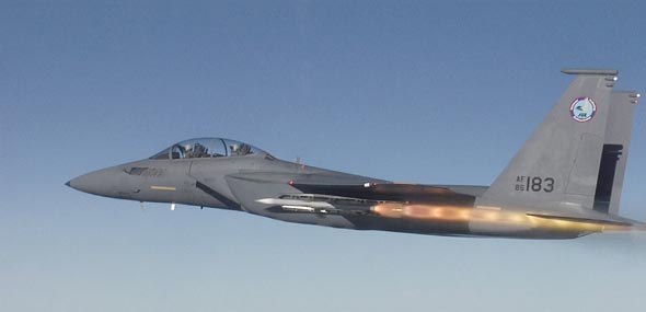 A flight demonstrator of the Boeing F-15SE Launches a Sidewinder AIM-9X from the conformal internal weapon bay. Photo: Boeing
