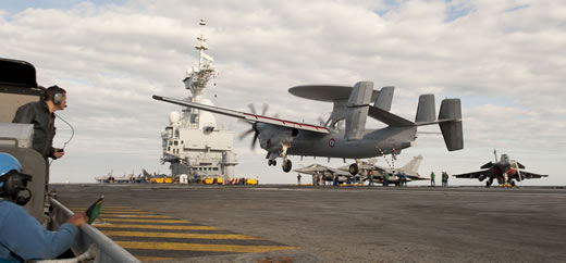 A French E-2C Hawkeye lands on the Charles de Gaule during final training exercise held on board the carrier yesterday. Phoro: EMA / Marine nationale