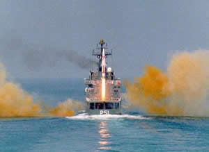 INS Subhadra (P51) launching the Dhanush missile from its aft deck.