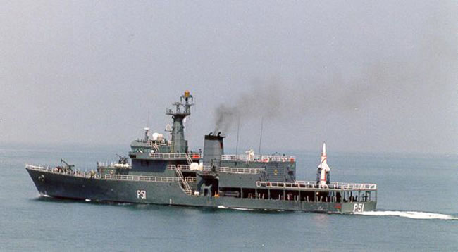 INS Subhadra (P51) carrying the Dhanush missile on the aft deck.