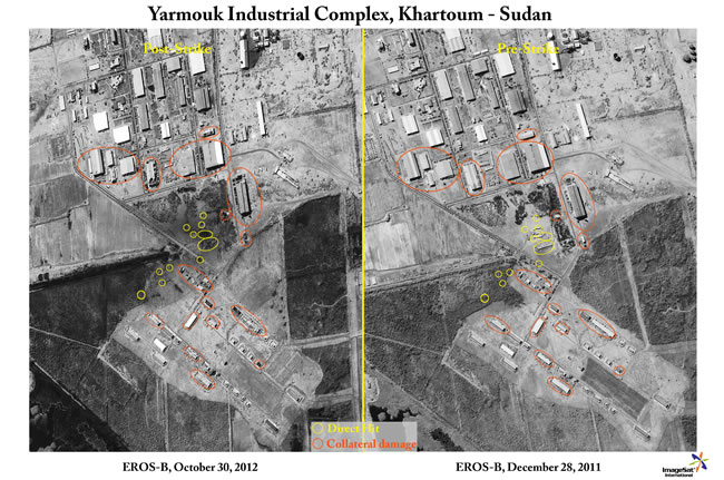 EROS Satellite images of the Yarmouk ammunition plant in Khartum, Sudan, before and after the pre-dawn attack October 24, 2012. Photos: Imagesat
