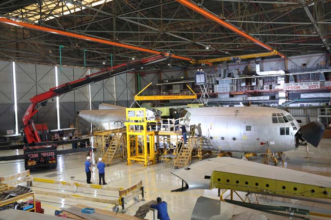 The first IAF C-130H undergoing wing replacement work at IAI Bedek facility in Israel.