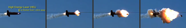 A sequence from a video showing an rocket destroyed by the ADAM laser weapon 