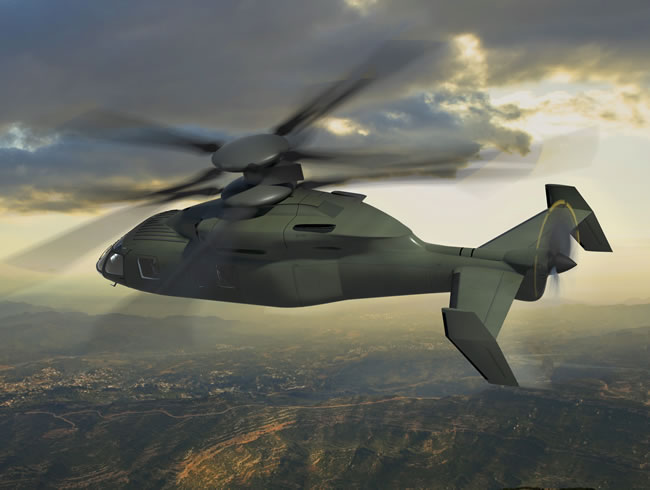 This artist's rendering depicts a Sikorsky-Boeing JMR-FVL concept aircraft with counter-rotating co-axial main rotors and a pusher propeller based on Sikorsky's X2® Technology rotorcraft design. The future rotorcraft will deliver significant improvements in speed, combat radius and hover performance for the Army's next-generation utility and attack helicopter fleets. Photo: Boeing