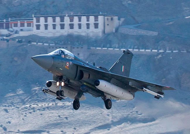 Tejas LCA taking off from LEH on a January 2013 winter test flight. Note the Litening targeting pod carried under the fuselage. Photo: ADA via Livefist