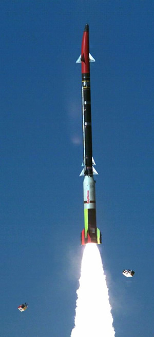 A close view of the Stunner missile blasting off from the launch canister. Note the missile's movable fins used for aerodynamic control - the forward four and at the aft -th first set. The second set and booster's stabilizers are fixed.