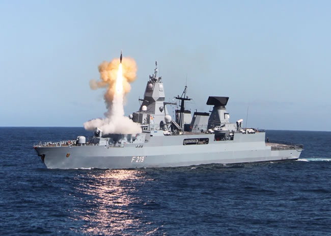 F-219 Sacsen, the first of three F-124 frigates of the German Navy fires an SM-2 Block IIIA on a test firing in 2011. Photo: German Navy