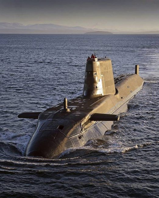 Astute class submarine HMS Ambush is pictured during sea trials near Scotland. Ambush, second of the nuclear powered attack submarines, was named in Barrow on 16 December 2010 and launched on 5 January 2011. Photo: UK MOD Crown Copyright