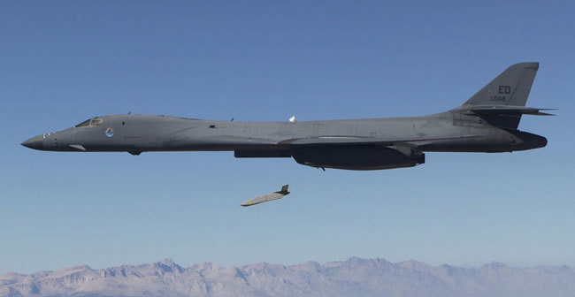 B-1B Lancer drops a JASSM-ER cruise missile on a test flight. USAF Photo