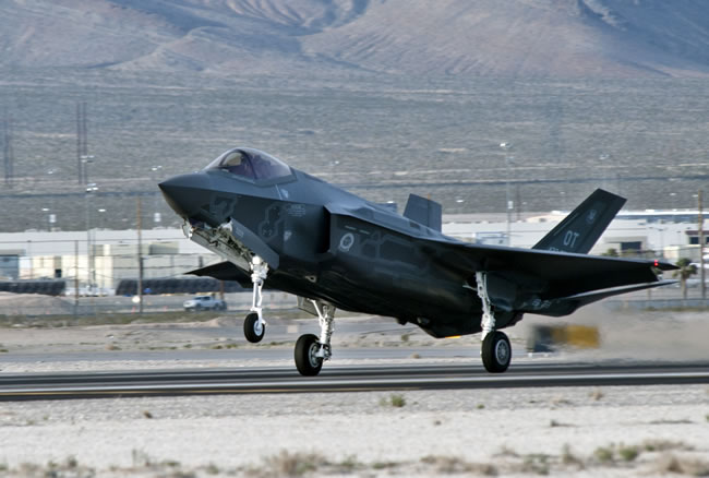 A Lockheed Martin F-35 Lightning II lands at Nellis Air Force Base, Nev., March 6, 2013. The aircraft will be assigned to the 422nd Test and Evaluation Squadron and the aircraft will be used for development test support, force development evaluation, and supporting operational test aircraft at Edwards AFB, Calif. Photo: Airman 1st Class Jason Couillard, U.S. Air Force