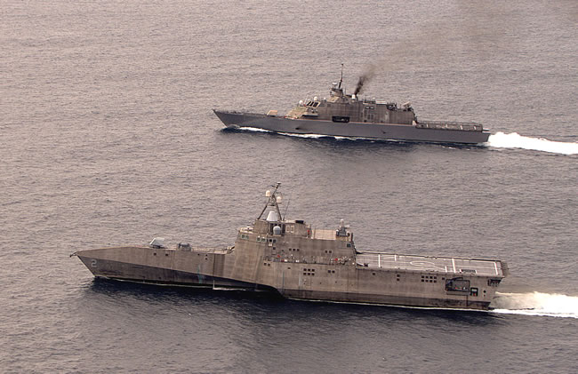 LCS 2 Independence arriving at San Diego, escorted by USS Freedom (LCS1). Photo: General Dynamics. 