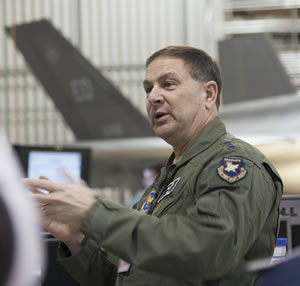 Lt. Gen. Christopher C. Bogdan talks with members of the F-35 Integrated Test Force during his first visit to Edwards Air Force Base, Calif., Jan.22. Bogdan assumed the role of program executive officer for the F-35 Lightning II Joint Program Office in December 2012. (U.S. Air Force photo/Paul Weatherman)