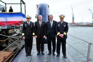 Israeli officials at a ceremony in Kiel, Germany to receive a Dolphin-Class submarine. Photo: IDF.