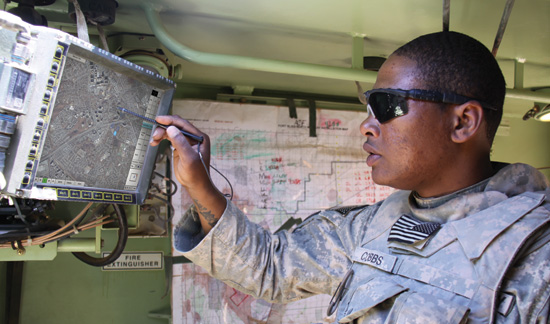 A Soldier from the 2nd Brigade Combat Team, 1st Armored Division uses the new version of the Army's friendly force tracking and messaging - FBCB2-JCR. This system is the first Blue Force Tracking system supporting both FBCB2 and Movement Tracking System (MTS). Photo: US Army by Claire Schwerin, PEO C3T