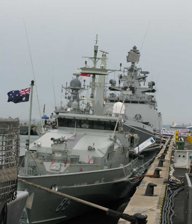 The Australian Armidale class Patrol Craft HMAS Bathurst is seen by the pier at the Singapore Changi Naval Base open day.
