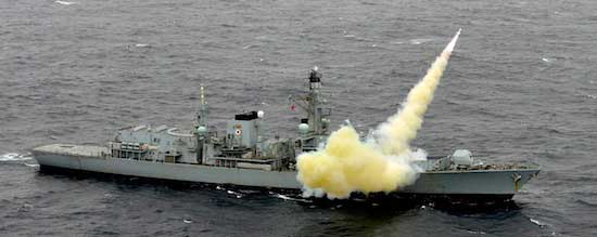 Royal Navy warship HMS Montrose fires a Harpoon anti-ship missile off the coast of Scotland. Photo: Crown Copyright