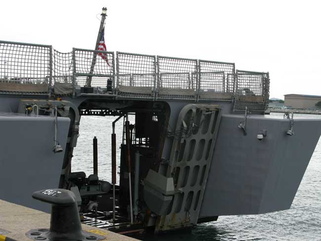 The rear ramp of the LCS-1 Freedom shows two open ramps, to the rear and starboard.