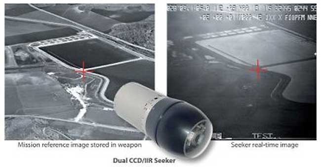 This scene matching example shows the correlation between the target pointed by the reference image (left) and the target picked by the weapon's computer during a flight test. Photo: RAFAEL