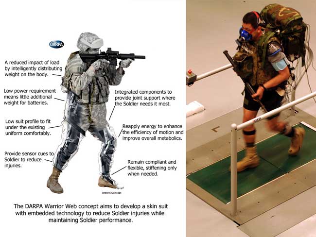 DARPA's Warrior Web exoskeleton concept vision. The soldier on the right takes part in an Army test carrying 61 pounds of weight, to evaluate Warrior Web technologies.