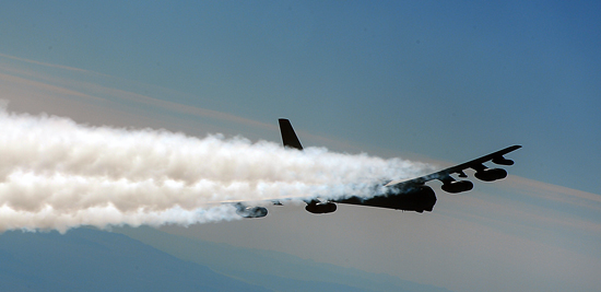 A B-52H Stratofortress assigned to the 20th Bomb Squadron, Barksdale Air Force Base, La., flies toward an objective during a Red Flag exercise at Nellis Air Force Base, Nev., Jan. 31, 2013. The B-52 was America's first long-range, swept-wing heavy bomber. The B-52 has a 185-foot wingspan, a length of more than 160 feet and a gross weight of more than 480,000 pounds. It has been given the nickname BUFF, short for Big Ugly Fat Fellow. (U.S. Air Force photo/Staff Sgt. Vernon Young Jr.)