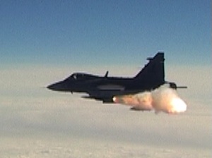 A Gripen fires the production version of the MBDA Meteor air/air missile. Photo via SAAB 