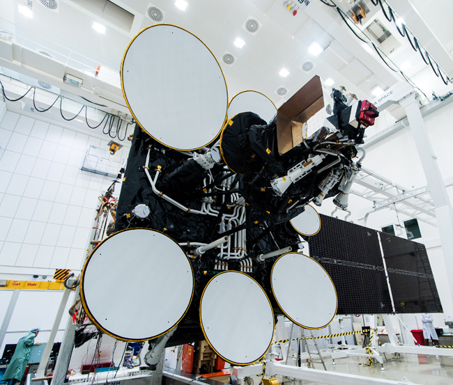 The upper antennae and solar panels of Amos 4 undergoing testing at IAI's integration center in Israel. Photo: IAI
