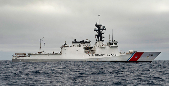 A Scan Eagle UAS is retrieved by the Skyhook, installed at the aft of USCG Cutter Bertholf. 