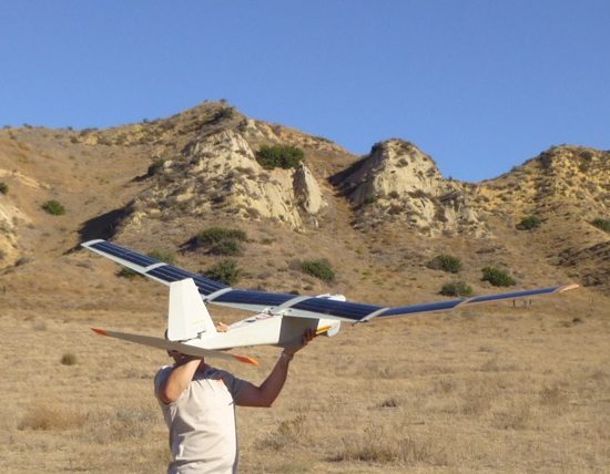 The solar powered Puma AE launched on a long-endurance. Its standard batteries are augmented by by the new solar cells. Photo: Aerovironment