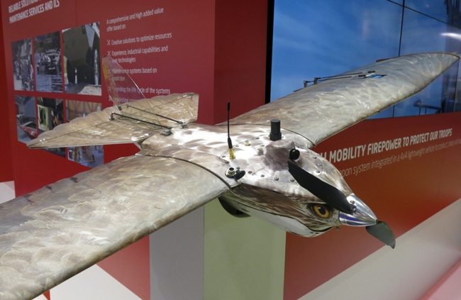 A bird-like mini-UAV displayed by EXPAL, mimics a hawk to blend in natural environment.
