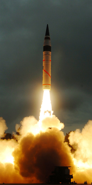 AGNI-V fired on the second test launch, September 15, 2013. At least three more tests are scheduled before the Intermediate Range Ballistic Missile (IRBM) is declared operational.