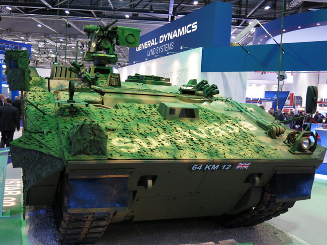 General Dynamics unveiled the FRES SV vehicle at DSEI 2013. One side was coated with a multispectral camouflage, the other remained bare.