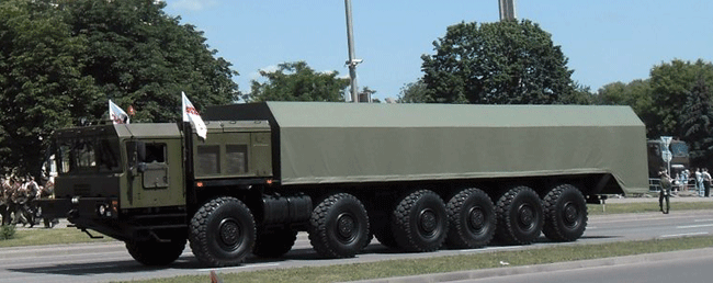 This new MZKT27291 transporter is believed to be a special purpose vehicle designed and built to provide the carrier, erector and launcher (TEL) for the new R-36 Rubezh Intercontinental Ballistic Missile.