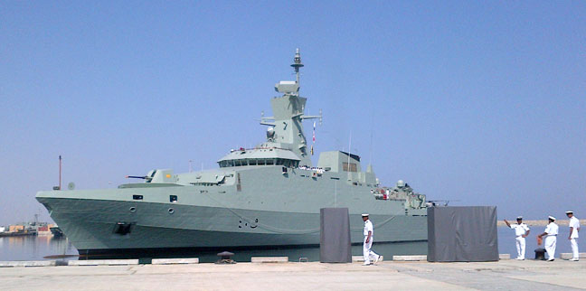 The new Omani corvette Al Shamikh arrives at Royal Navy of Oman (RNO) Said bin Sultan Naval Base.
